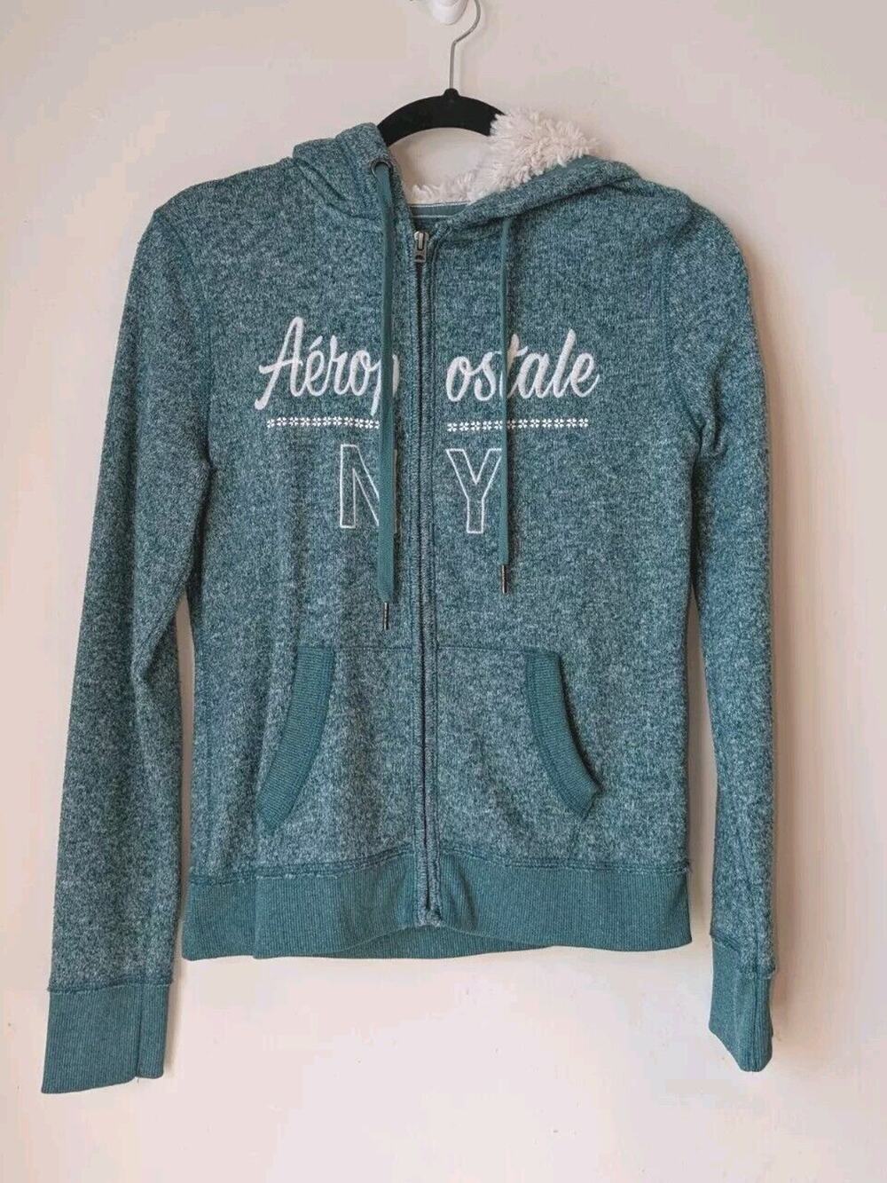Aeropostale Women's Juniors Hoodie ZIP-UP Green/White Sherpa Lined Hood Sz S/P